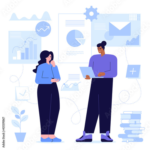 Team colleagues at office concept. Company employees communicate and consult on work tasks. Statistical data analysis, reporting, business meeting, job cooperation. Vector character illustration