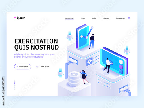 Vector landing page of Tech isometric concept. Teamwork on project, online communication, data analyzing, development, management. Character illustration of advertising banner in isometry design