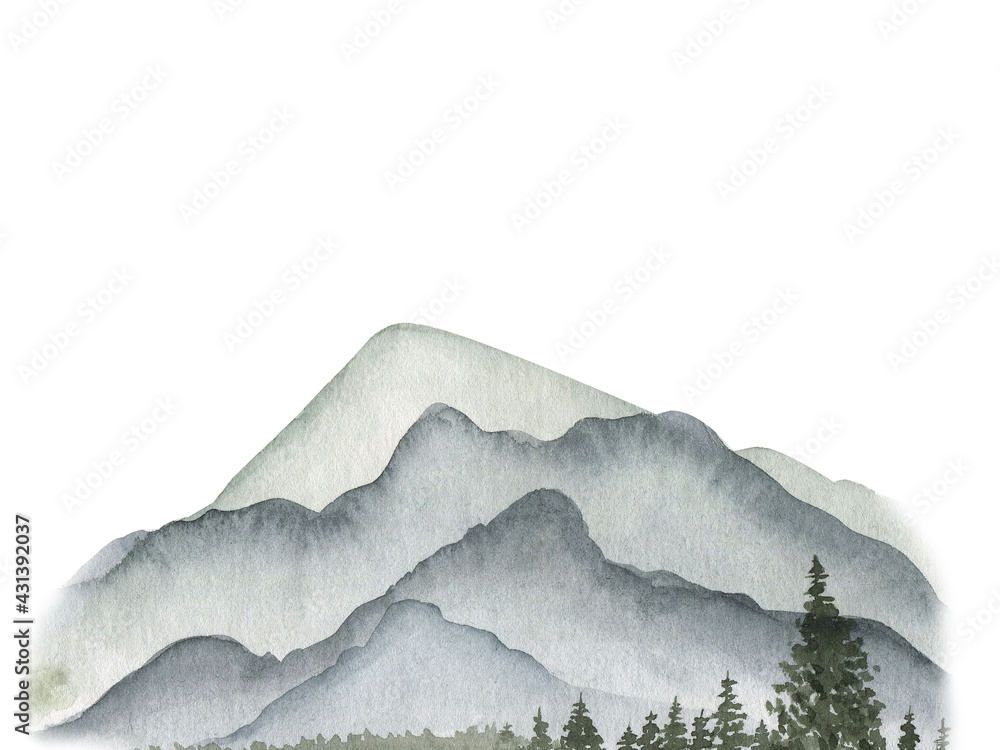 Mountain watercolor illustration.landscape. Hand-drawn.Forest.