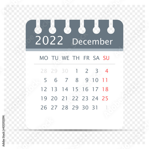 December 2022 - Calendar Icon - Extra days - Week Starts On Monday - Week Starts On Monday