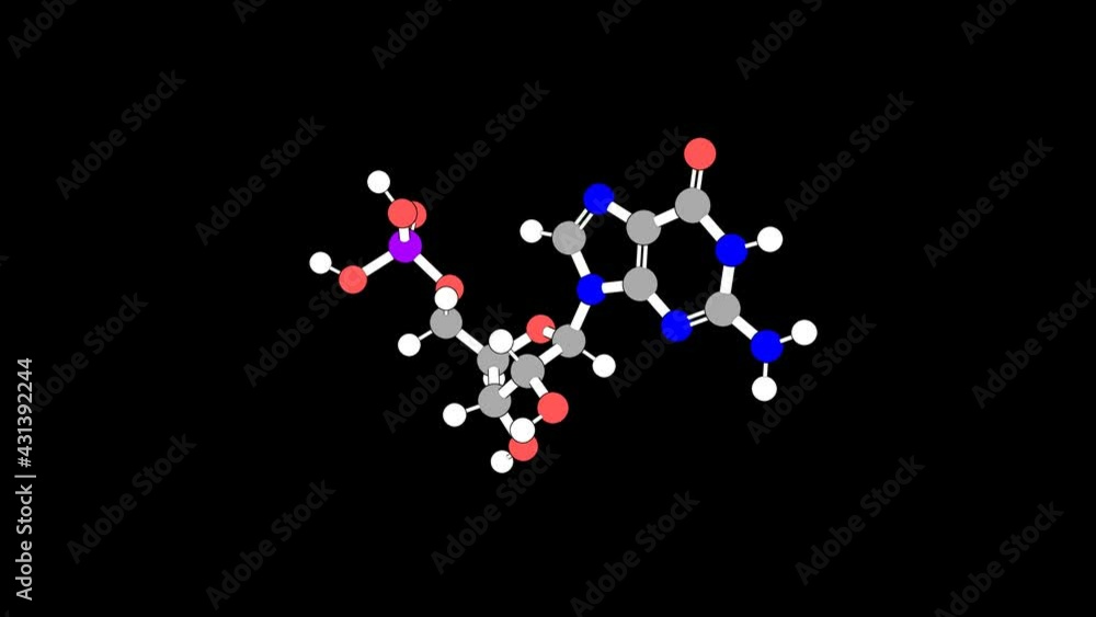 360º realistic 3D view of 5'-Guanylic Acid as a seamless loop over a black opaque background with alpha mask. Also called guanosine monophosphate and guanylic acid. 360º realistic 3D view of 5'-Guanylic Acid as a seamless loop over a black opaque background with alpha mask. Also called guanosine monophosphate and guanylic acid.