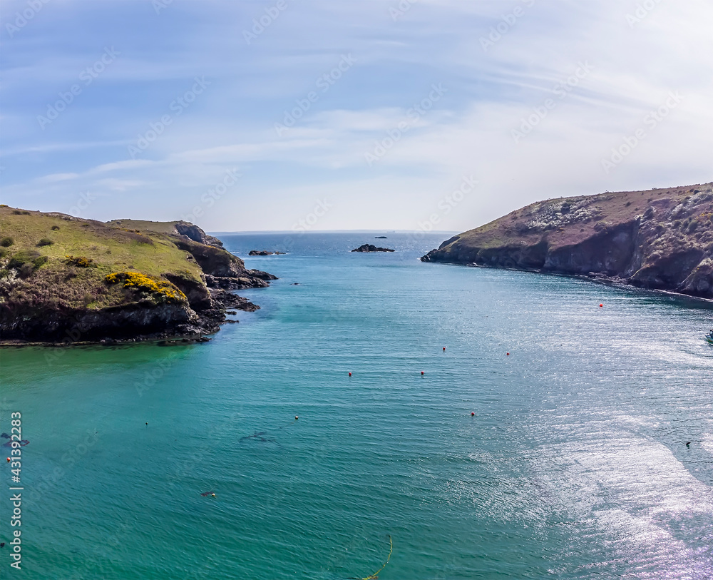 An aerial view out to sea from the inlet at Solva, Pembrokeshire, South Wales on a sunny day