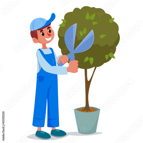 The gardener in a working uniform and cap cuts the green bush with scissors. Landscaping and maintenance of the court territory. Vector illustration in cartoon style fun