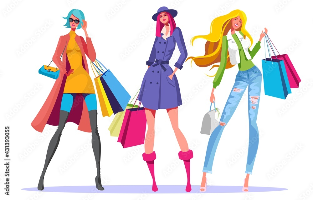 Modernly dressed attractive ladies with shopping bags. Autumn-winter women's clothing creation. Modernly dressed attractive ladies with shopping bags. Autumn-winter women's clothing creation.