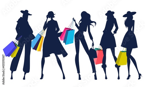 Women silhouettes with shopping bags.	abstract vector illustration.