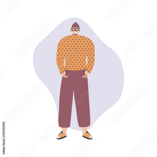 Handsome transgender teenager standing in bright gender neuthal clothing. Gender neutrality, genderqueer. Vector hand drawn flat illustration