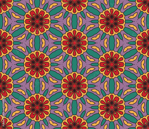 Abstract colorful doodle flower seamless pattern. Floral geometric background. Mosaic  tile of thin line ornament.