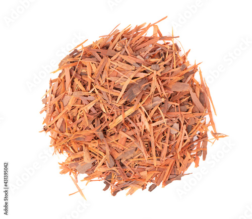 Lapacho herbal tea, isolated on white background. Natural Taheeboo dry tea. Pau d'arco herb. Tabebuia heptophylla. Top view. photo