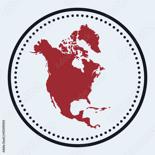 North America round stamp. Round logo with continent map and title. Stylish minimal North America badge with map. Vector illustration.