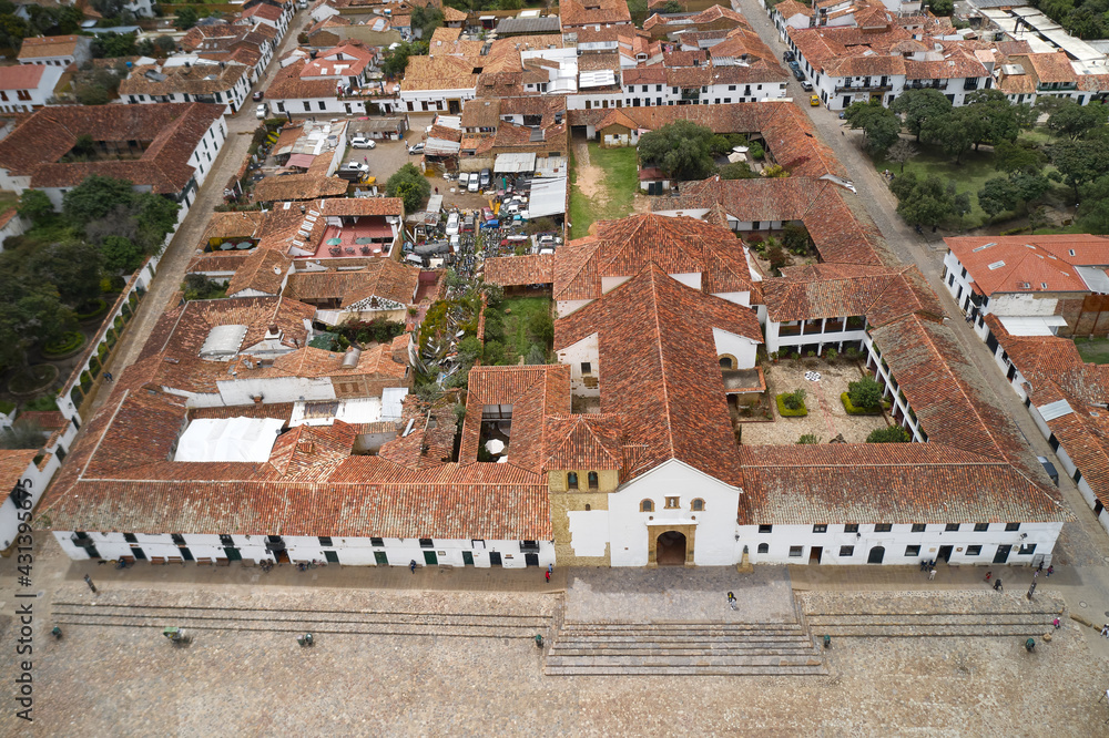 View from a drone of the Catholic church in the main square in the town of Villa de Leyva. Colombia