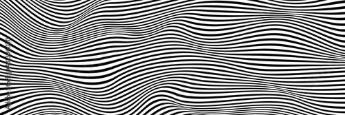 Simple wavy background. Vector illustration of striped pattern with optical illusion, op art. Long horizontal banner. © Anna