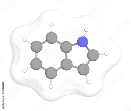 3D rendering of Indole with white transparent surface over a white opaque background. Also called 1h-indole and indol. photo