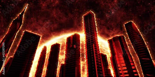 Flaming skyscrapers on the background of a red star. Looping video