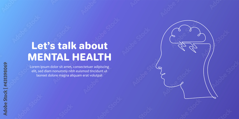 Human head with storm cloud in one line drawing style. Horizontal banner of World Mental health day in blue background. Mindfulness and stress management in psychology. Vector illustration Human head with storm cloud in one line drawing style. Horizontal banner of World Mental health day in blue background. Mindfulness and stress management in psychology. Vector illustration