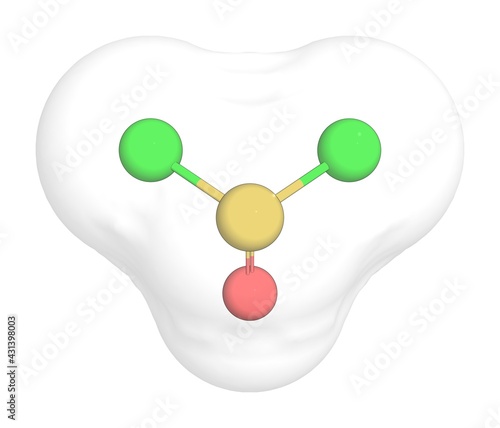 3D rendering of Thionyl Chloride with white transparent surface over a white opaque background. Also called thionyl dichloride and sulfinyl chloride. photo