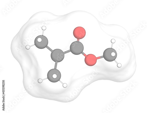 3D rendering of Methyl Isobutyrate with white transparent surface over a white opaque background. Also called methyl 2-methylpropanoate and methyl isobutanoate. photo