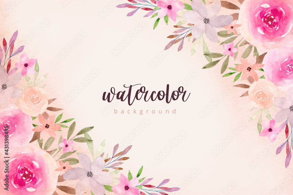 Watercolor flowers background in pastel colors. Watercolor floral bouquet border. Floral decorative frame