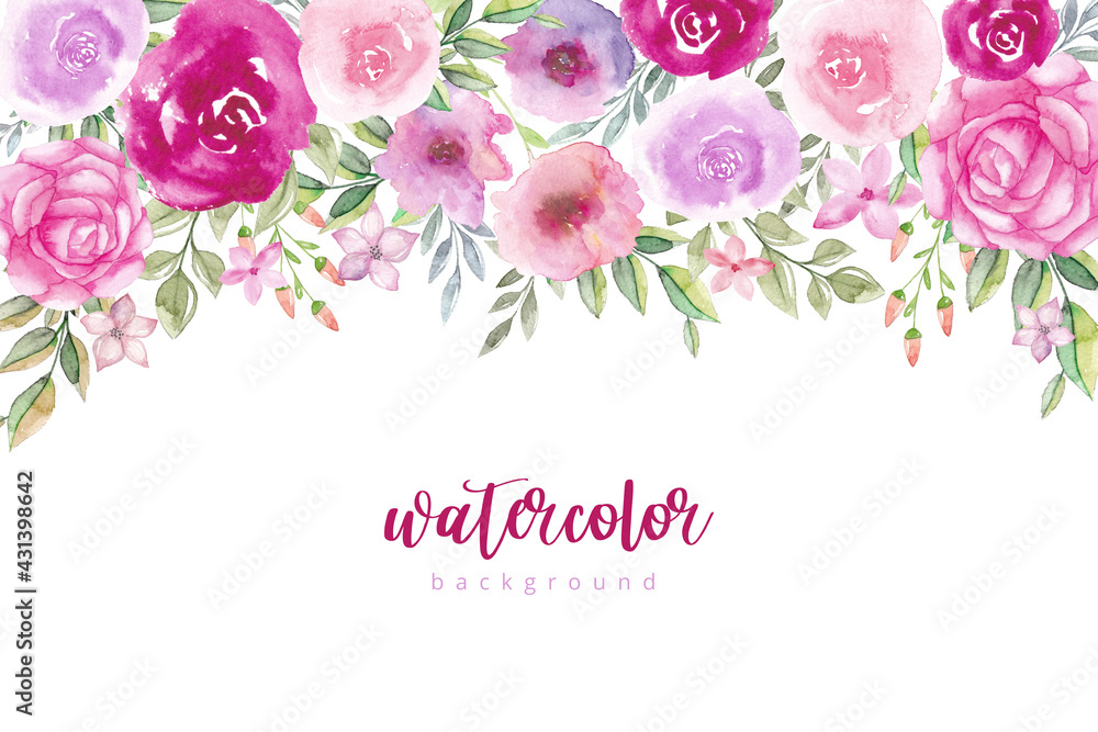 Watercolor elegant flowers background.  Watercolor floral bouquet border. Floral decorative frame