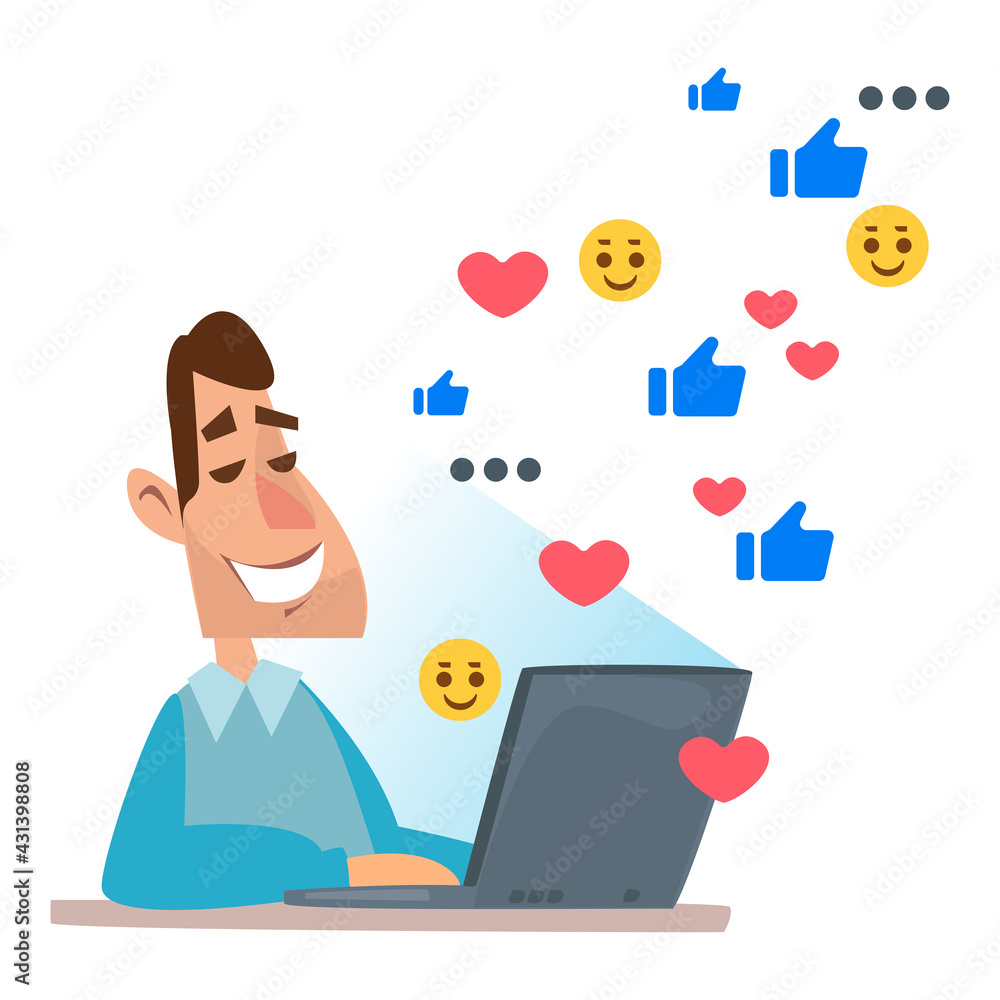 A man behind a laptop in social networks. Images of likes and subscriptions around the computer monitor. Vector illustration in cartoon style. Fun clipart A man behind a laptop in social networks. Images of likes and subscriptions around the computer monitor. Vector illustration in cartoon style. Fun clipart