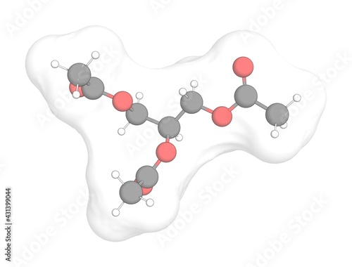 3D rendering of Triacetin with white transparent surface over a white opaque background. Also called glyceryl triacetate and glycerol triacetate. photo