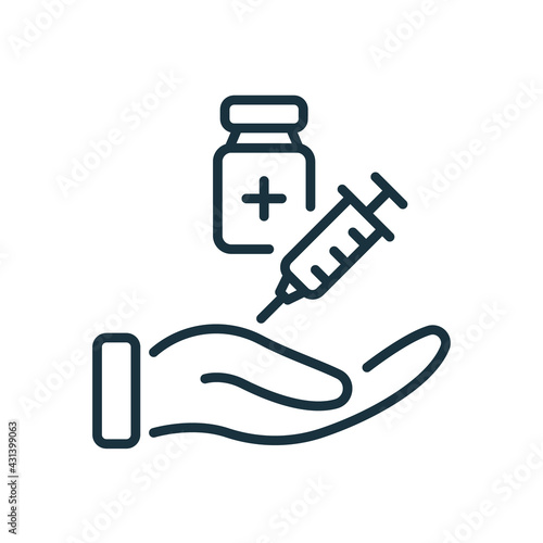 Get Vaccine Against Coronavirus line icon. Palm with Syringe and Bottle. Syringe and Vaccine Vial flat line icon. Treatment for Coronavirus Covid-19. Editable stroke. Vector illustration