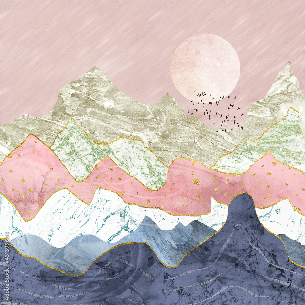 Colorful mountains with birds flying and a pink moon