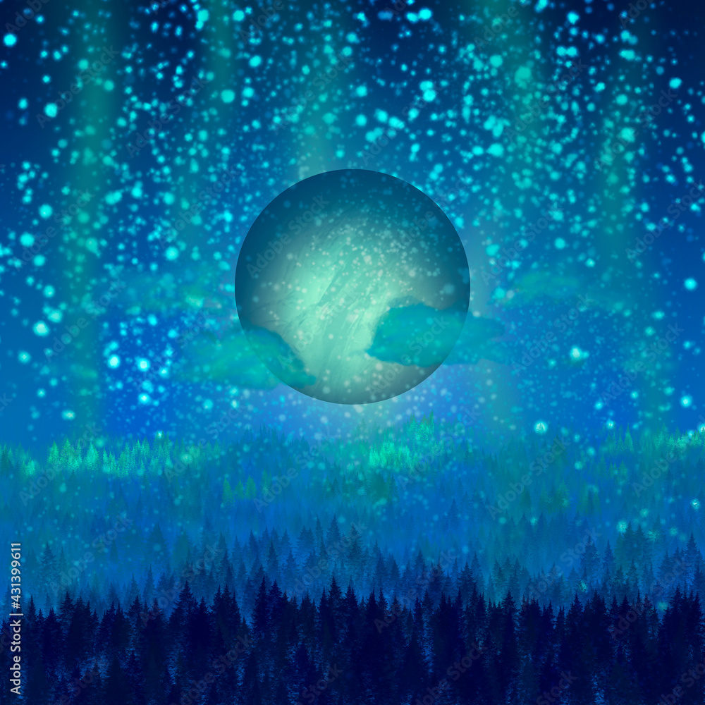 Turquoise planet with blue forest and a green moon