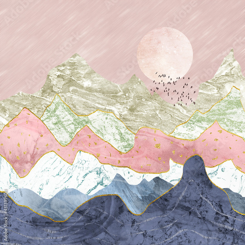 Obraz na płótnie Colorful mountains with birds flying and a pink moon w salonie