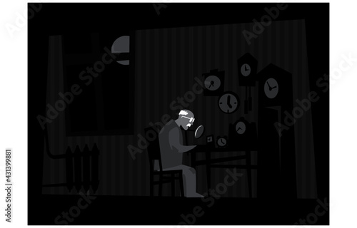 Workshop of an old watchmaker. Old room, old man, old watches. Vector image for illustrations.