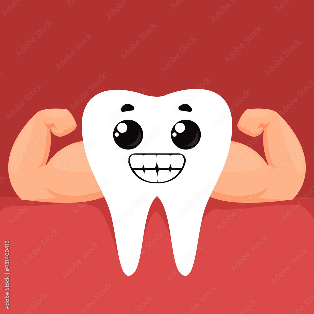 Strong healthy snow-white tooth with muscular arms and the emotion of a smile and happiness on the face. Vector illustration in cartoon style. Isolated funny clipart on a white background. Cute print.