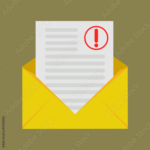 Envelope with a message and a red exclamation mark. On a green background is a yellow paper letter. Vector illustration in flat style. Fun