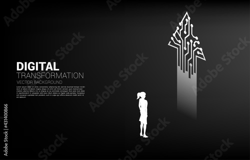 Silhouette of businesswoman standing with arrow from dot connect line circuit. concept of digital transformation of business.