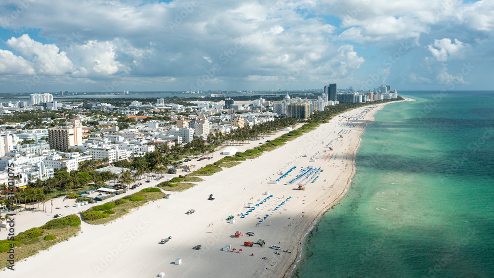 aerial drone view of South Beach and Ocean Drive in Miami Beach, in a sunny day of May 2021