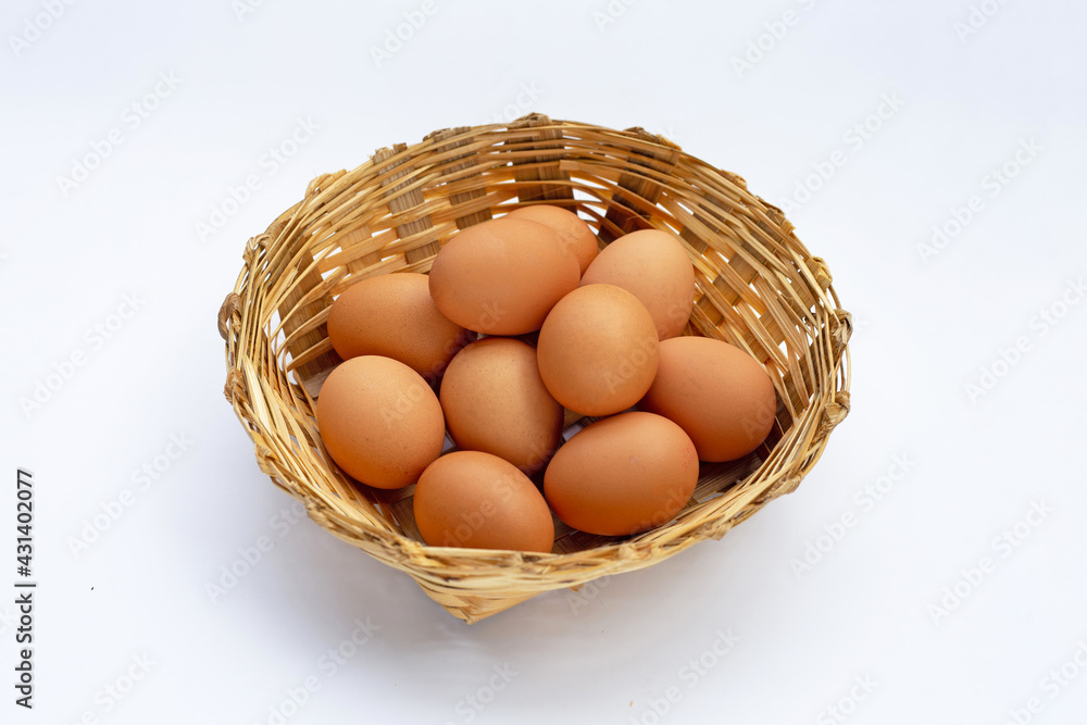 Fresh eggs on white background. Copy space