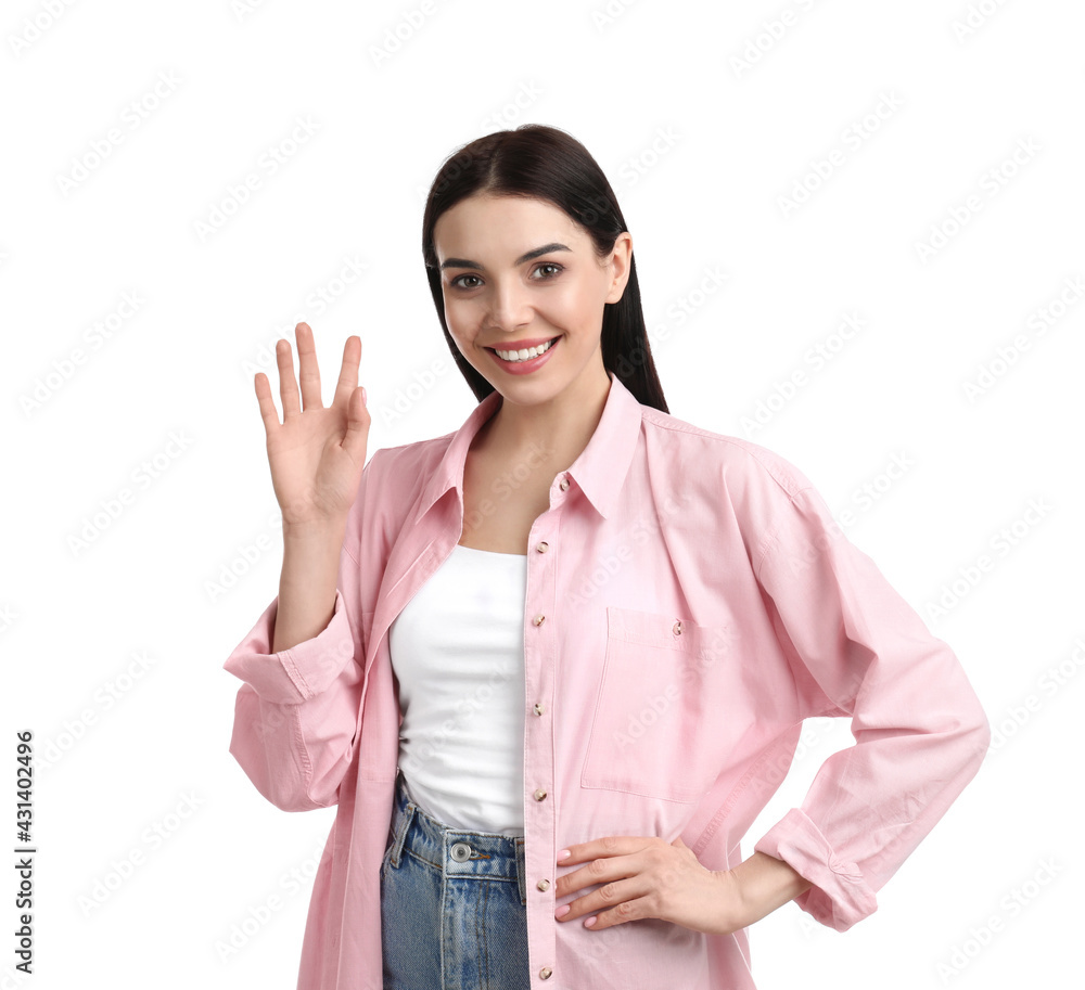 Attractive young woman showing hello gesture on white background Attractive young woman showing hello gesture on white background