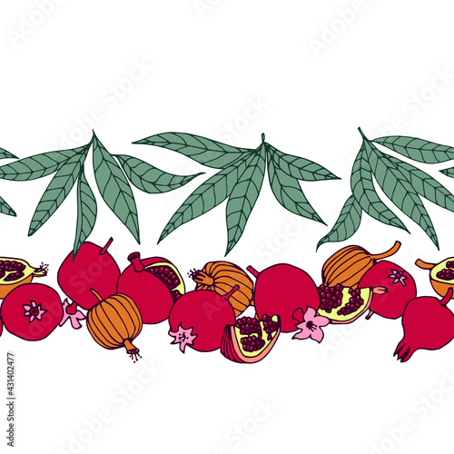 horizontal seamless pattern, pomegranates with leaves, decorative ornament or frame, border, vector illustration with contour lines isolated on a white background in doodle and hand drawn style