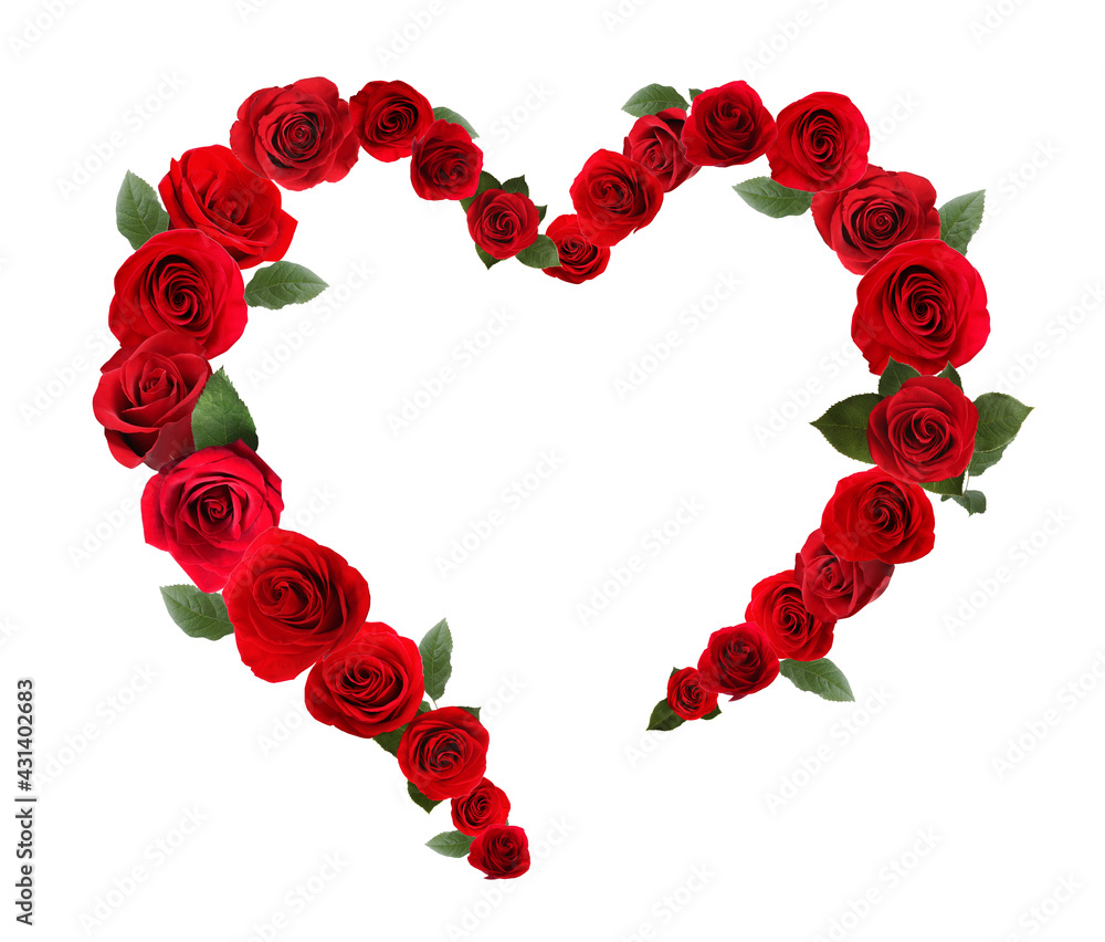 Heart made of beautiful red roses on white background