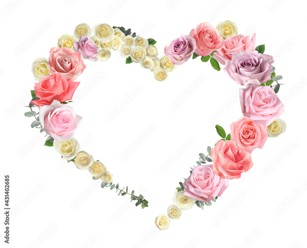 Heart made of beautiful roses on white background Heart made of beautiful roses on white background