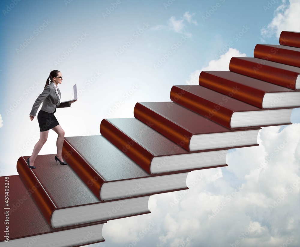 Businesswoman student climbing the ladder of education books Businesswoman student climbing the ladder of education books