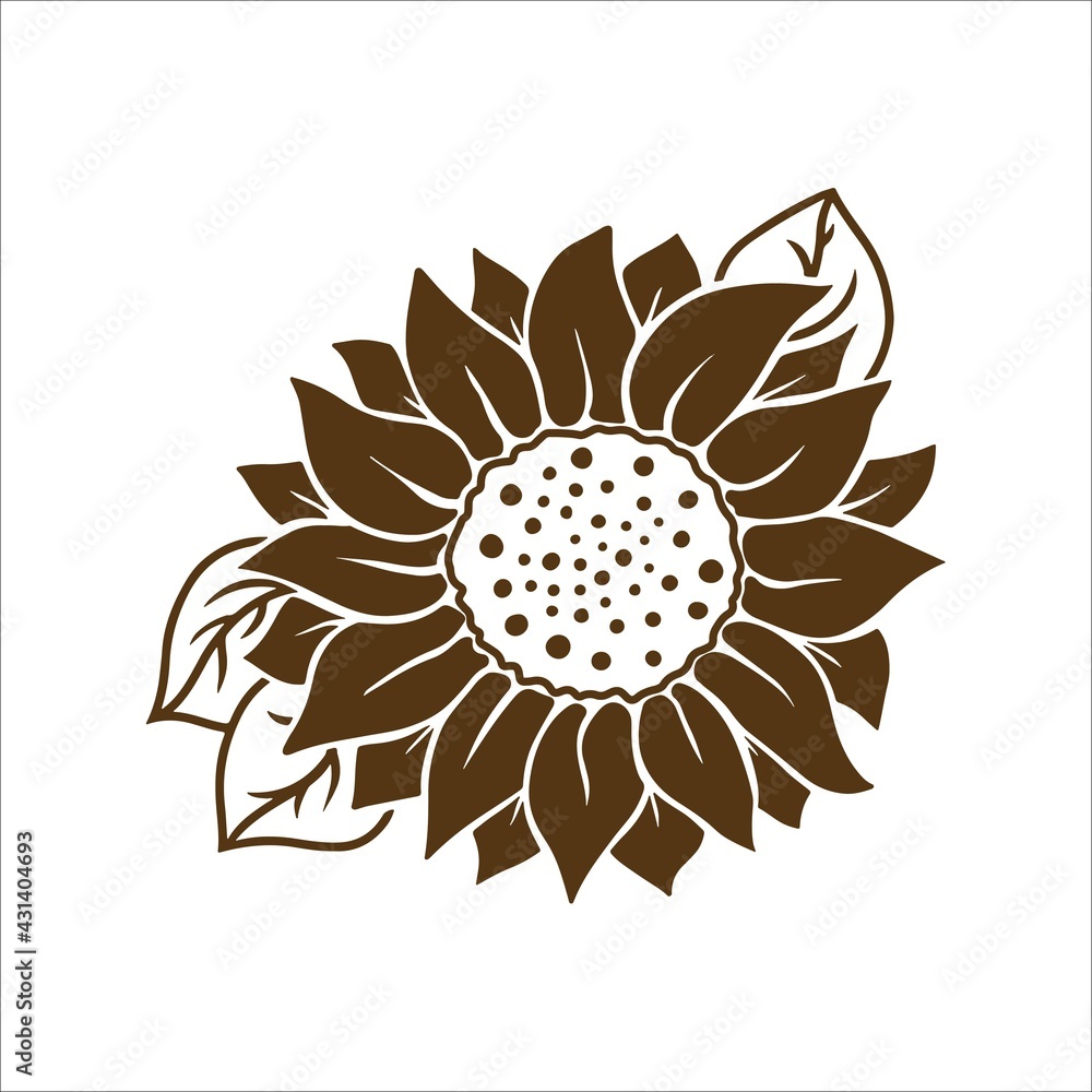 Sunflower with leaves icon in silhouette isolated on white background. Hand drawn floral vector flat logo illustration. Summer flower clipart. Stencil design for greeting card, invitation, banner Sunflower with leaves icon in silhouette isolated on white background. Hand drawn floral vector flat logo illustration. Summer flower clipart. Stencil design for greeting card, invitation, banner