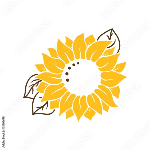Sunflower with leaves icon in silhouette isolated on white background. Hand drawn floral vector flat logo illustration. Summer flower clipart. Stencil design for greeting card, invitation,  banner