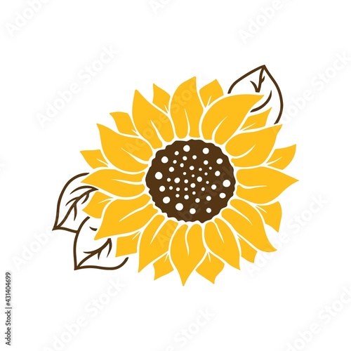 Sunflower with leaves icon in silhouette isolated on white background. Hand drawn floral vector flat logo illustration. Summer flower clipart. Stencil design for greeting card, invitation,  banner