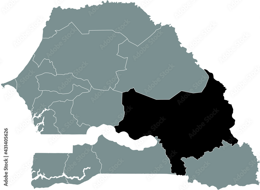 Black highlighted location map of the Senegalese Tambacounda region inside gray map of the Republic of Senegal