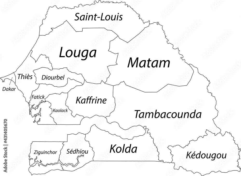 White blank vector map of the Republic of Senegal with black borders and names of its regions White blank vector map of the Republic of Senegal with black borders and names of its regions