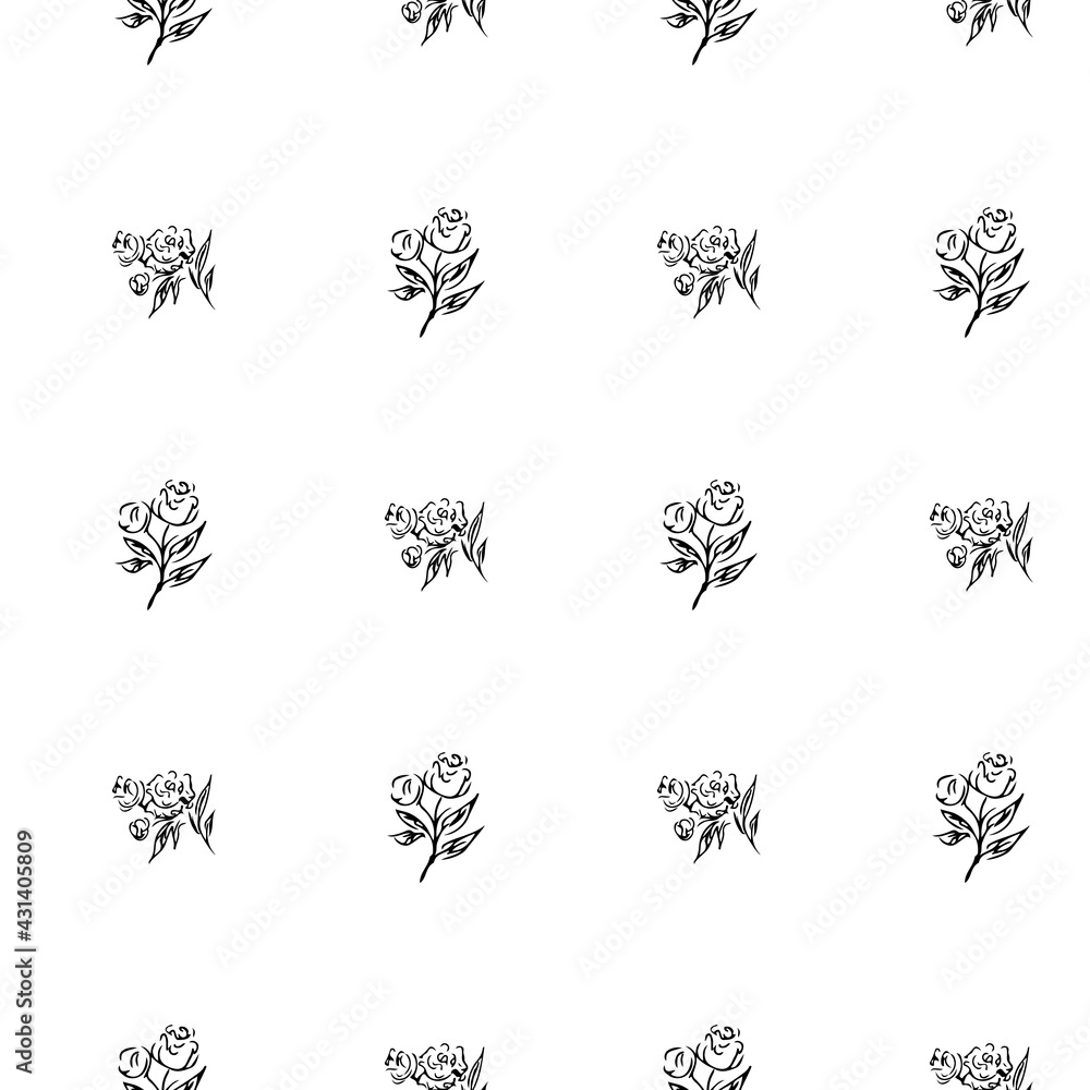 Doodle simple vector seamless pattern of hand-drawn peonies. Seamless pattern of hand-drawn peonies. Isolated on white background.