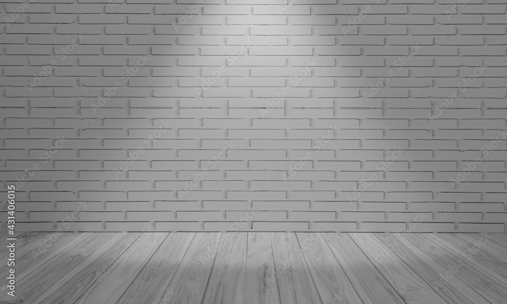 White brick wall and wood floor. Modern bright interior. Empty room with spotlight. 3D rendering