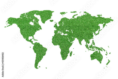 Ecology world map shape of green grass isolated on white background