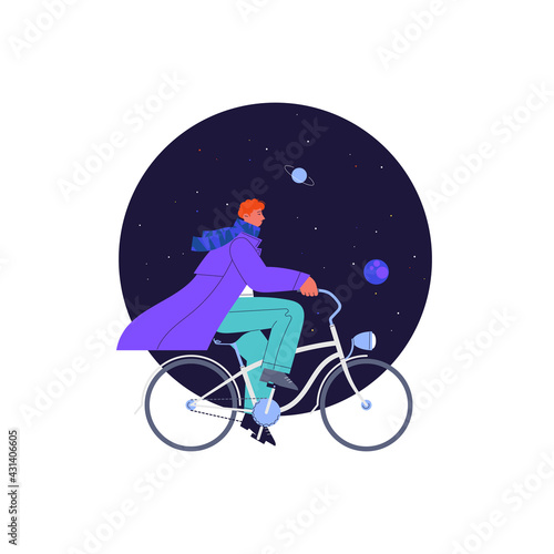 Flat illustration of a guy with red hair riding white vintage cruiser bicycle with starry sky cropped in circle on the background