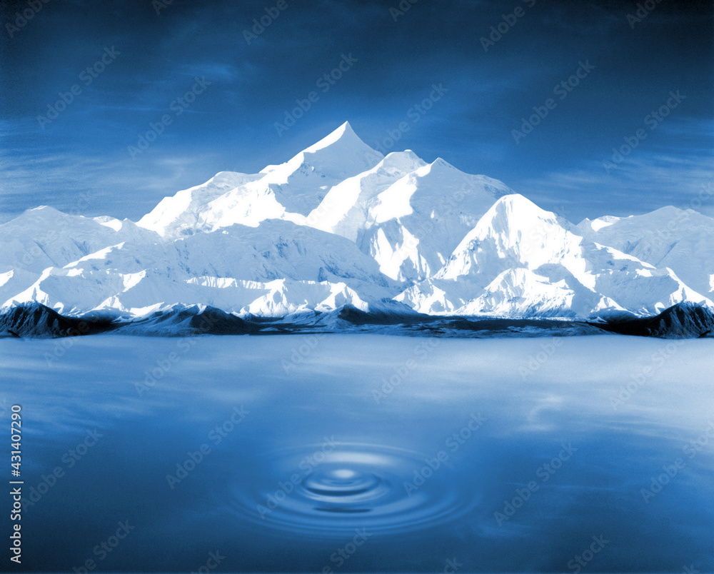 Blue photo montage of a lake with white mountains in the background