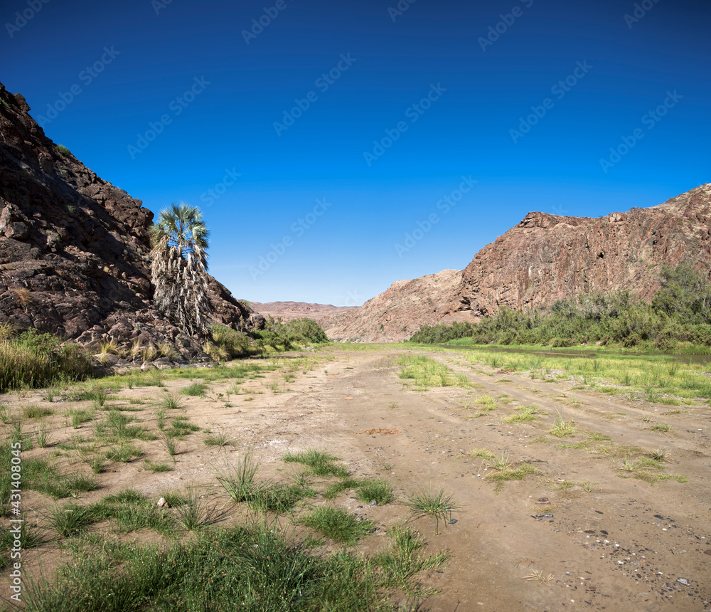Kaokoland game reserve in Namibia, sand track going toward the Skeleton Coast Desert with a blue sky Kaokoland game reserve in Namibia, sand track going toward the Skeleton Coast Desert with a blue sky